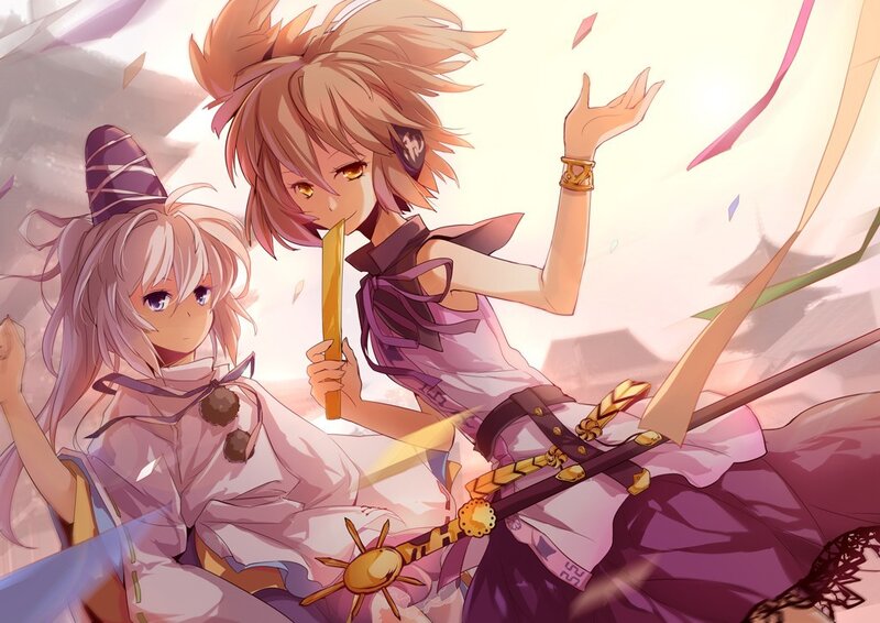 Two Anime Girls with Swords — Purple, Dramatic, Afternoon, Ribbons