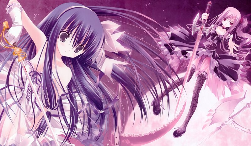 Two Anime Girls with Swords — Purple, Dramatic, Long Hair