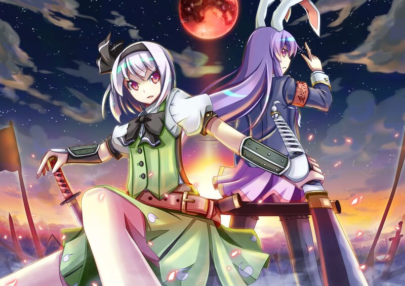 Two Anime Girls with Swords — Purple, Dramatic, Night, Moon