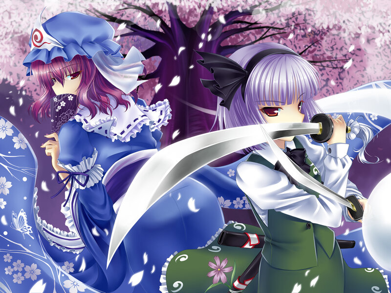 Two Anime Girls with Swords — Purple, Dramatic, Spring
