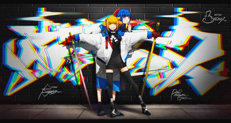 Two Anime Girls with Swords — White, Dramatic, Night