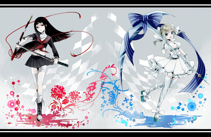Two Anime Girls with Swords — White, Dynamic