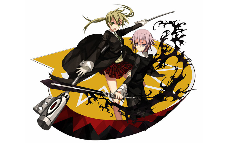 Two Anime Girls with Swords — Yellow, Dramatic, School Uniforms