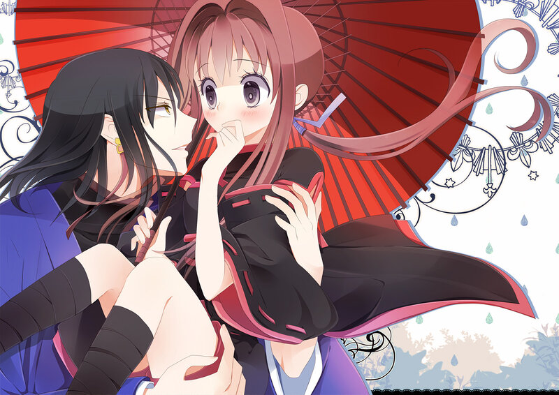 Two Anime Girls with Umbrella — Red
