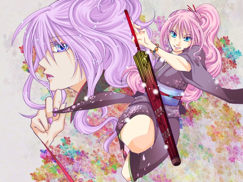 Two Anime Girls with Umbrellas — Purple