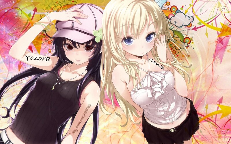 Two anime girls with vibrant background