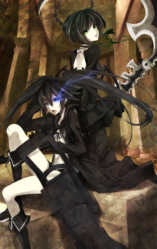 Two Anime Girls with Weapons — Black, Dramatic, Long Hair, Dark Clothing