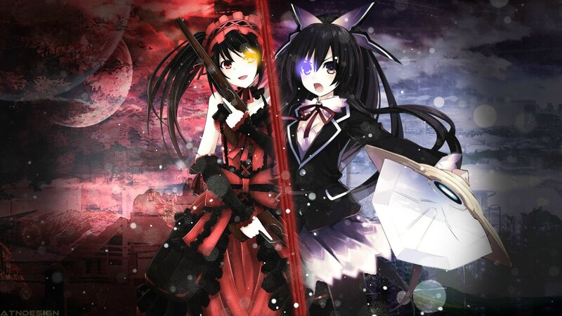 Two Anime Girls with Weapons — Black, Dramatic, Night