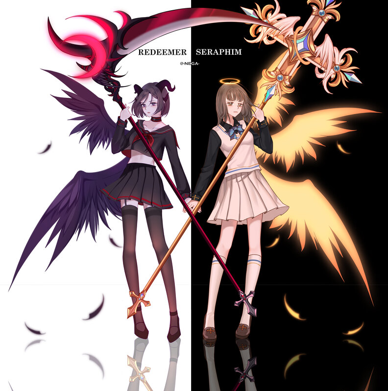 Two Anime Girls with Weapons — Black, Dramatic, Wings, School Uniforms