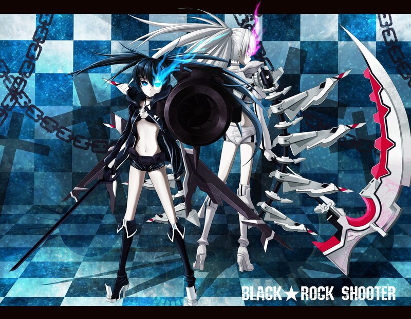 Two Anime Girls with Weapons — Blue, Dramatic, Chains, Mechanical Parts