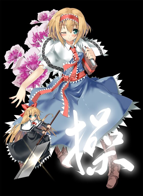 Two Anime Girls with Weapons — Blue, Dramatic, Flowers