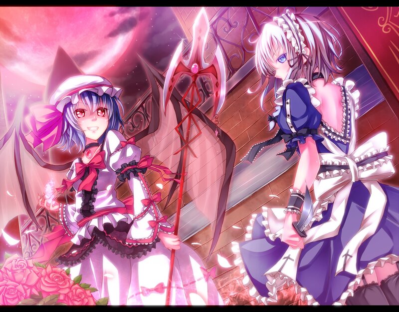 Two Anime Girls with Weapons — Pink, Dramatic, Night