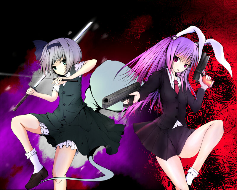 Two Anime Girls with Weapons — Purple, Dramatic, Guns