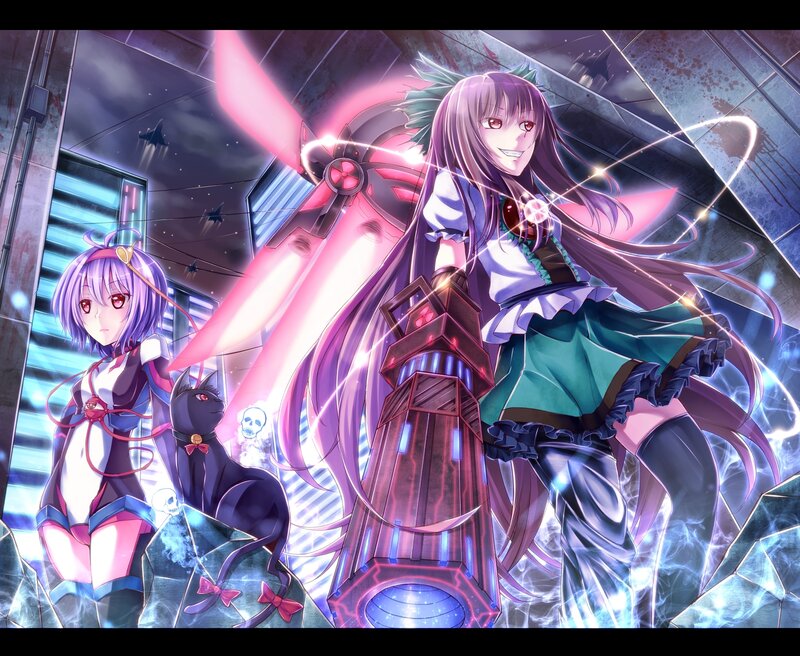 Two Anime Girls with Weapons — Purple, Dramatic, Night, Cat