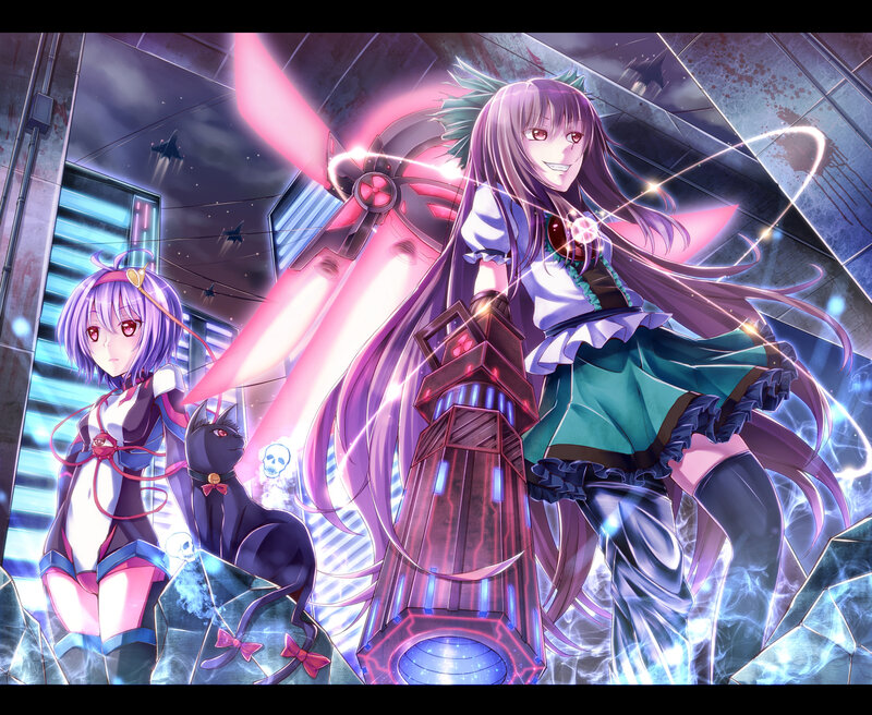 Two Anime Girls with Weapons — Purple, Dramatic, Night, Cat, Weapon