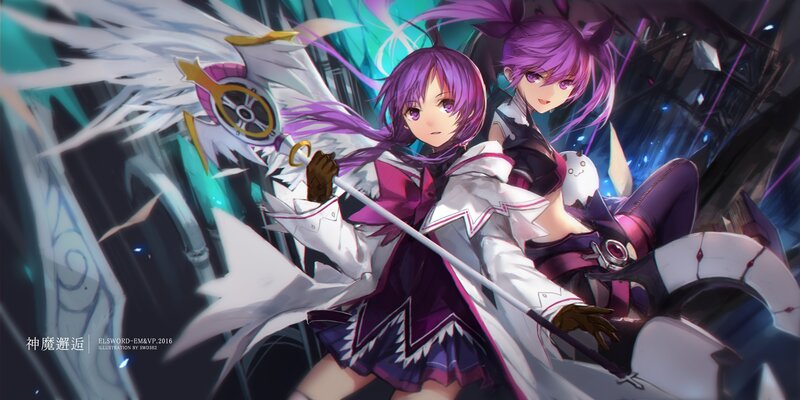 Two Anime Girls with Weapons — Purple, Dramatic, Night, Digital Art