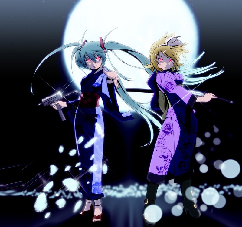 Two Anime Girls with Weapons — Purple, Dramatic, Night, Guns