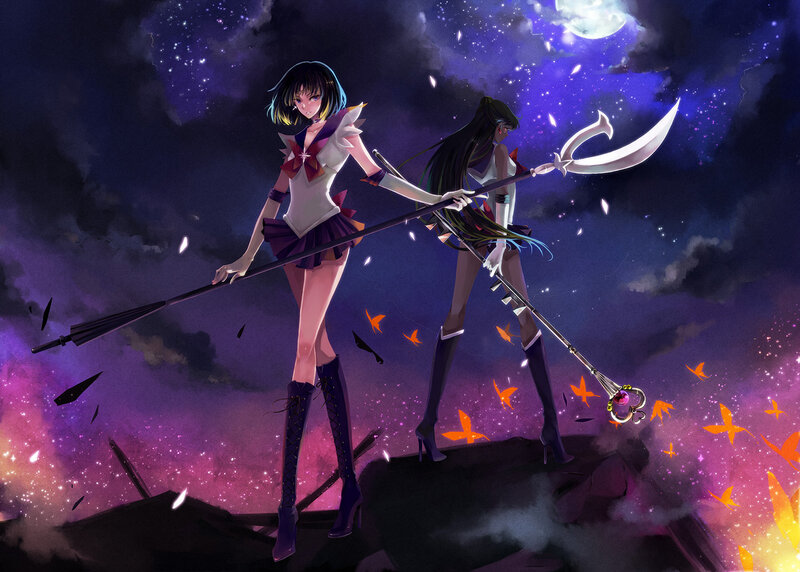 Two Anime Girls with Weapons — Purple, Dramatic, Night, Moon