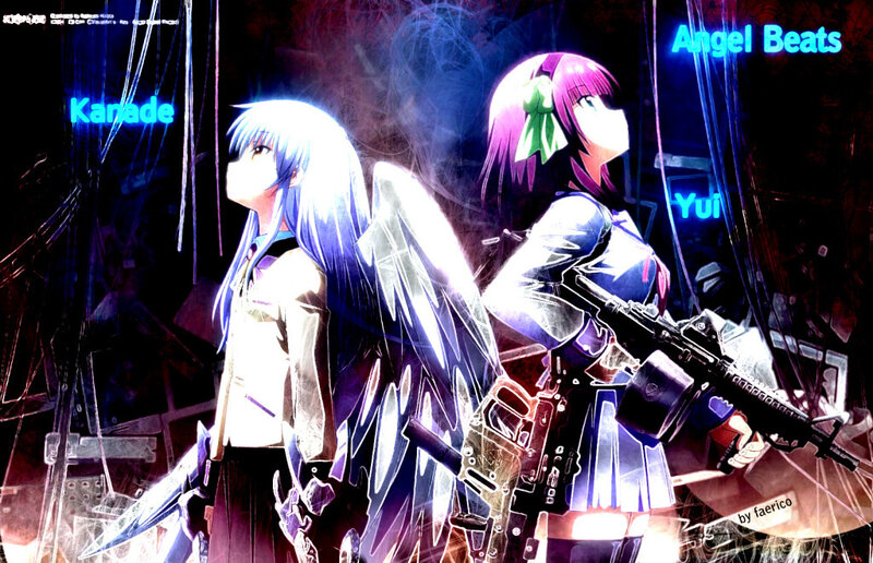 Two Anime Girls with Weapons — Purple, Dramatic, Night, Wings, Guns
