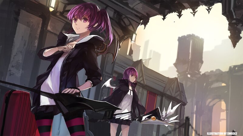Two Anime Girls with Weapons — Purple, Dramatic, Sunset, Digital Art