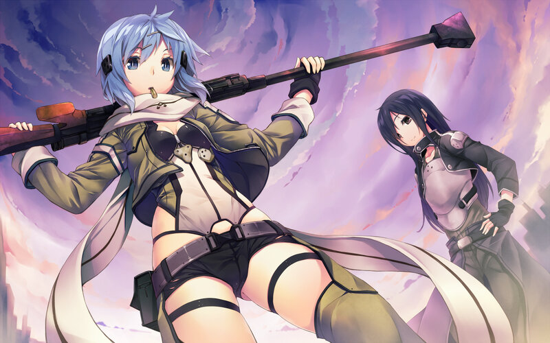 Two Anime Girls with Weapons — Purple, Dramatic, Sunset