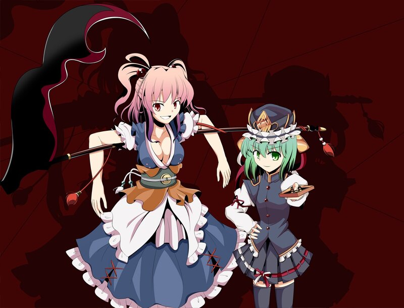 Two Anime Girls with Weapons — Red, Dramatic, Dresses