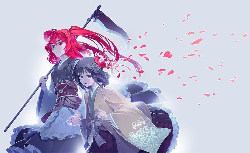 Two Anime Girls with Weapons — Red, Dramatic, Swords, Petals