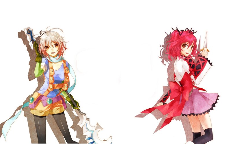 Two Anime Girls with Weapons — Red, Playful, Scarf