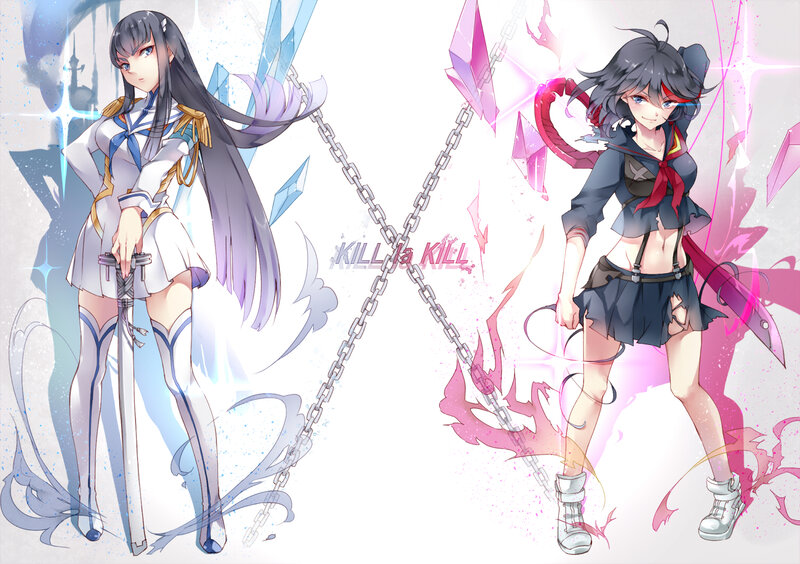 Two Anime Girls with Weapons — White, Dramatic, Digital Art