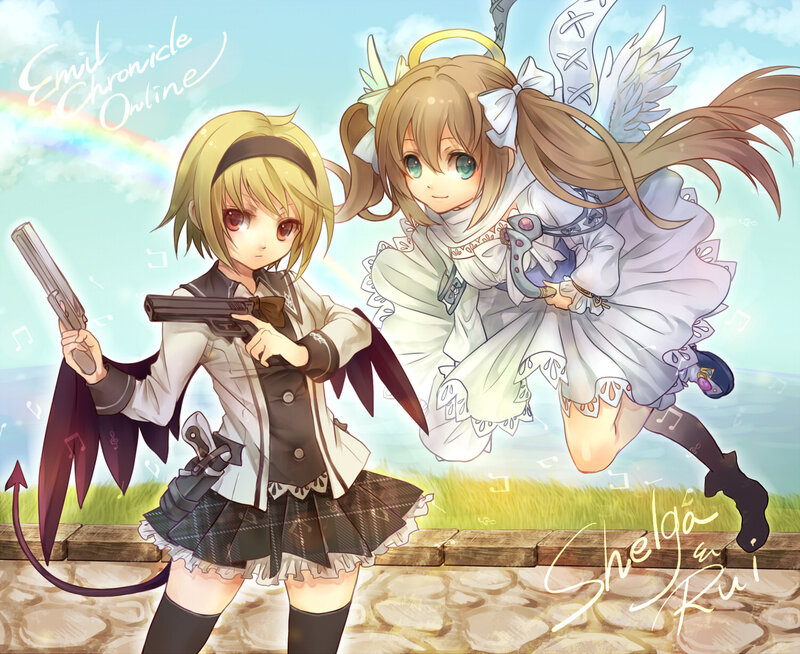 Two Anime Girls with Weapons — White, Playful
