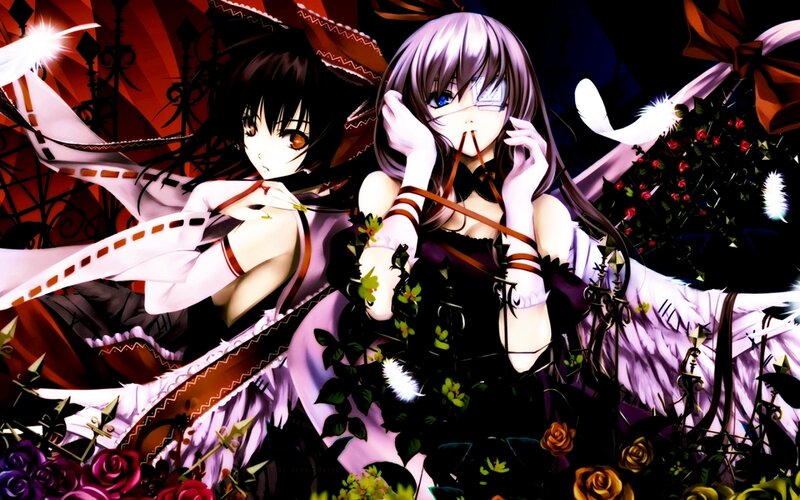 Two Anime Girls with Wings — Black, Dramatic