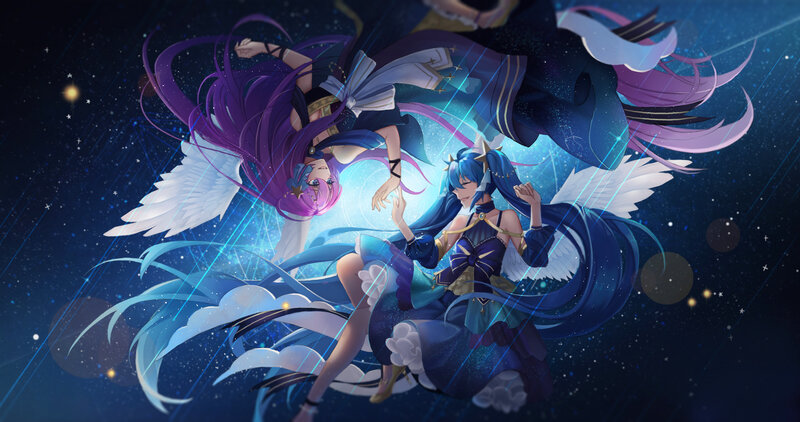 Two Anime Girls with Wings — Blue, Dramatic, Night, Digital Art