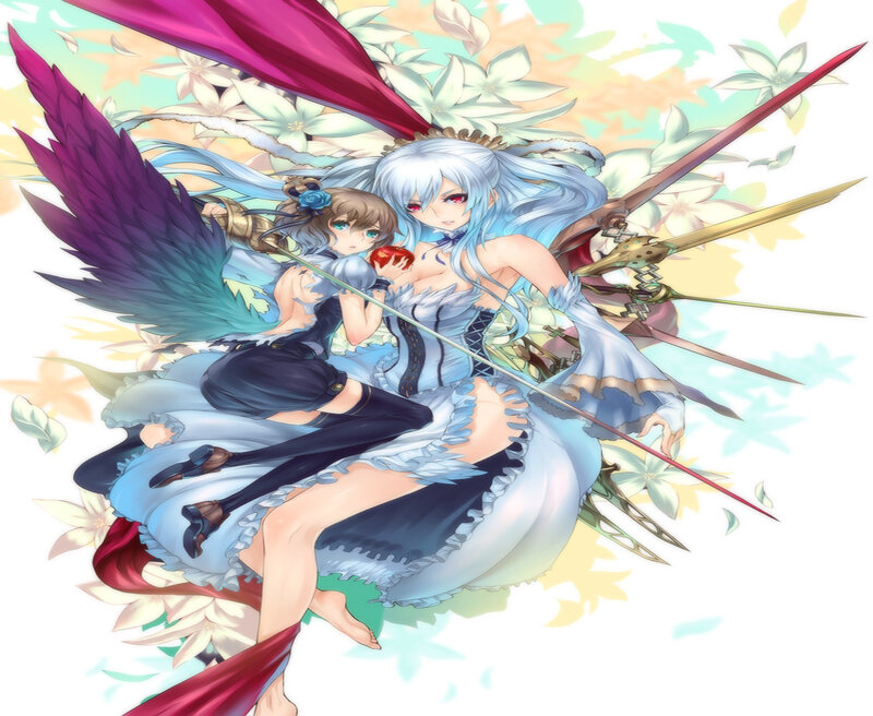Two Anime Girls with Wings — Blue, Dramatic, Swords