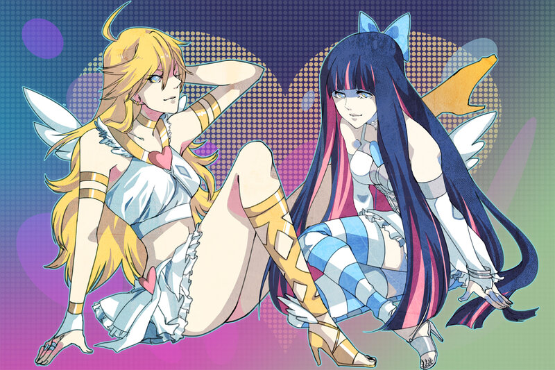 Two Anime Girls with Wings — Blue, Playful, Angelic Attire, Heart Motifs