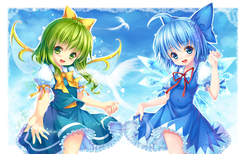 Two Anime Girls with Wings — Blue, Playful, Bows