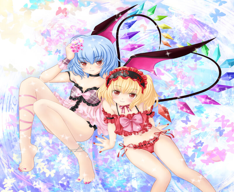 Two Anime Girls with Wings — Blue, Playful, Butterflies