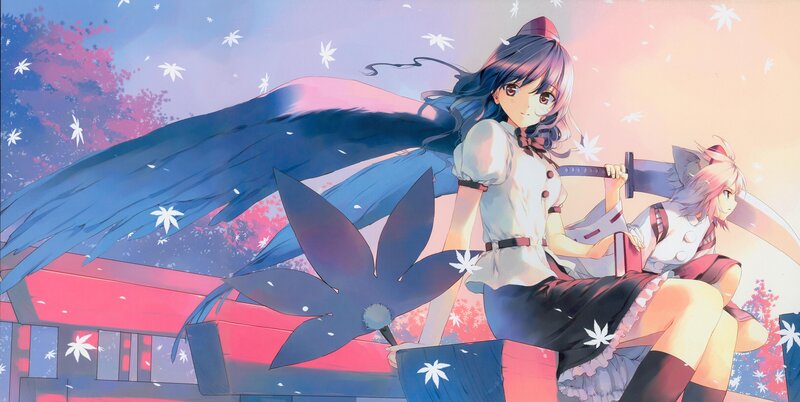Two Anime Girls with Wings — Blue, Serene, Autumn, Sakura Petals