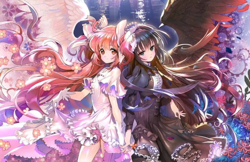 Two Anime Girls with Wings — Pink, Dramatic, Night, Flowers