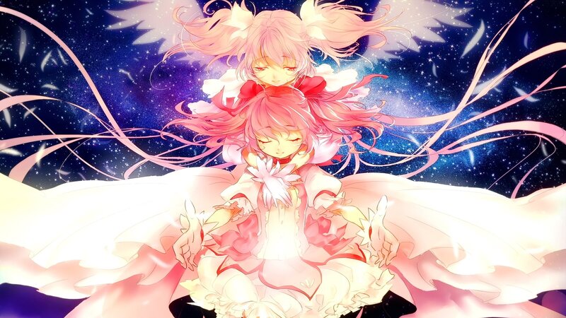 Two Anime Girls with Wings — Pink, Serene, Night, Stars