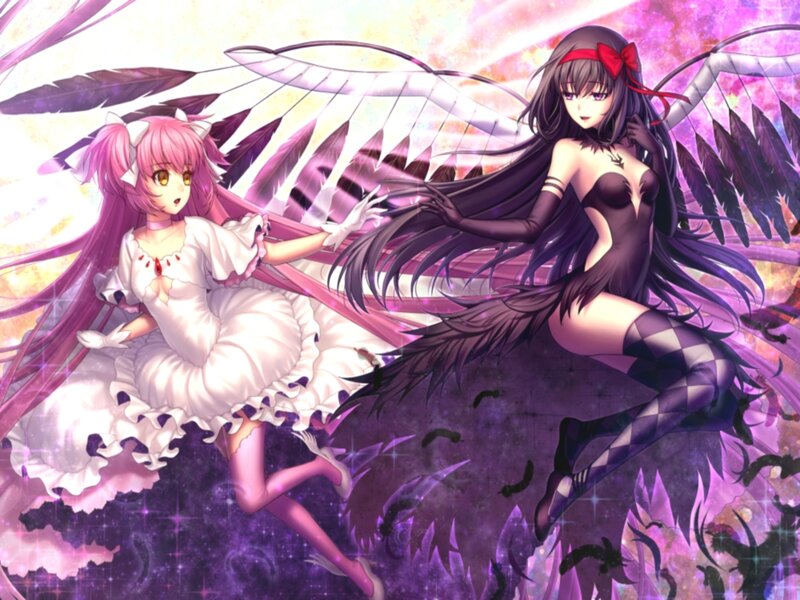 Two Anime Girls with Wings — Purple, Dramatic, Digital Art, Feathers