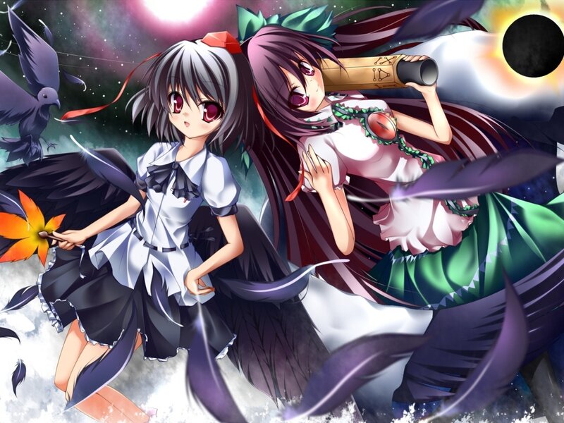 Two Anime Girls with Wings — Purple, Dramatic, Night, Crows