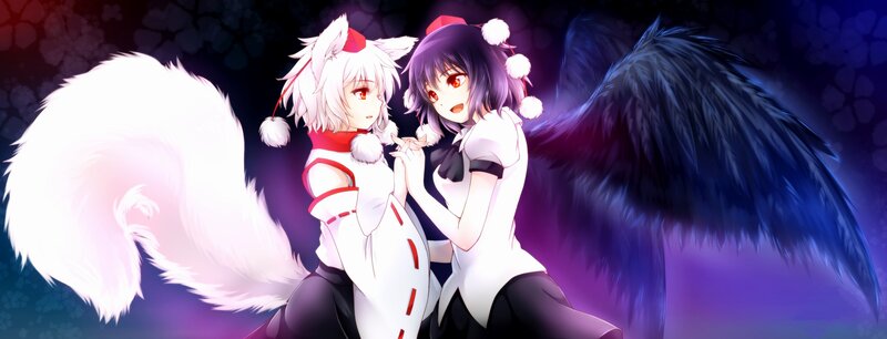 Two Anime Girls with Wings — Purple, Dramatic, Night, Fox Ears