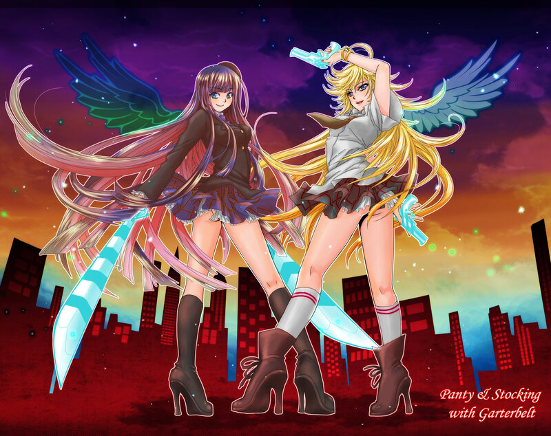 Two Anime Girls with Wings — Purple, Dramatic, Sunset, Cityscape