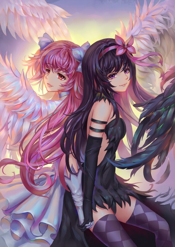 Two Anime Girls with Wings — Purple, Dramatic, Sunset, Digital Art