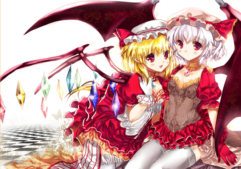 Two Anime Girls with Wings — Red, Dramatic, Crystals