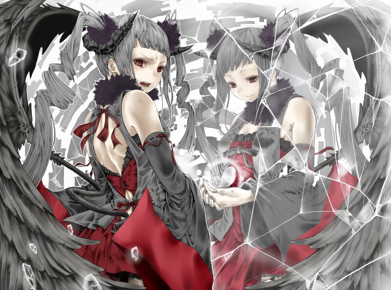 Two Anime Girls with Wings — Red, Dramatic, Digital Art, Horns, Mirror