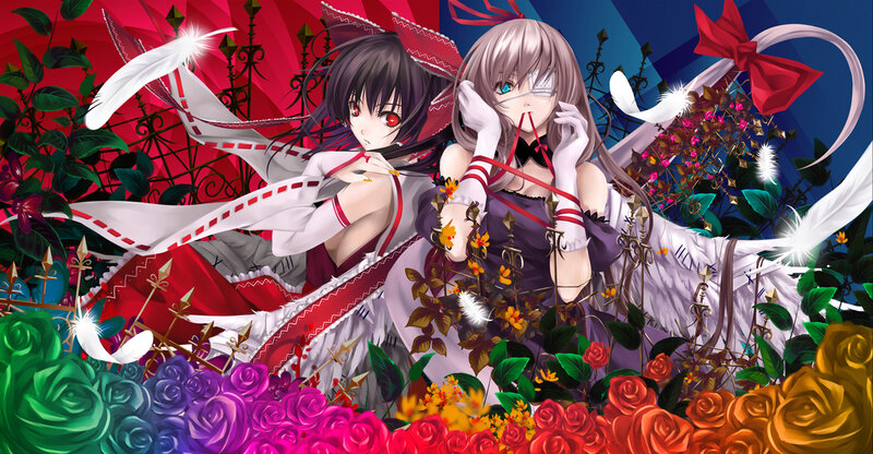 Two Anime Girls with Wings — Red, Dramatic, Digital Art, Roses