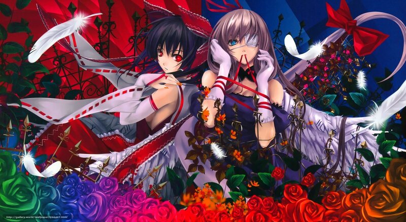 Two Anime Girls with Wings — Red, Dramatic, Night, Roses