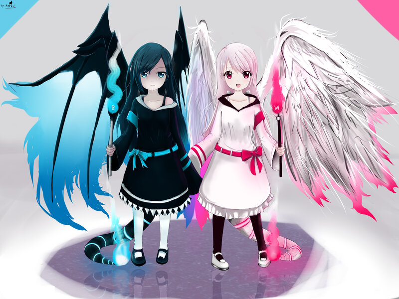Two Anime Girls with Wings — White, Dramatic, Digital Art, Staffs