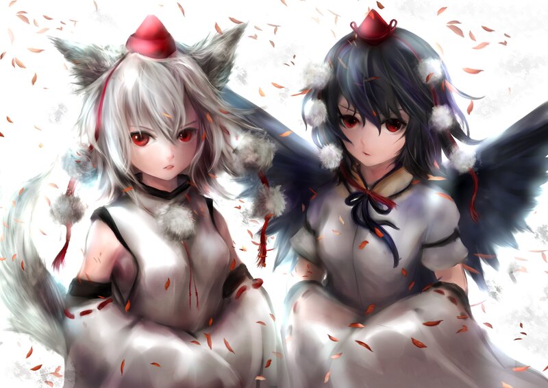 Two Anime Girls with Wings — White, Serene, Autumn, Red Eyes